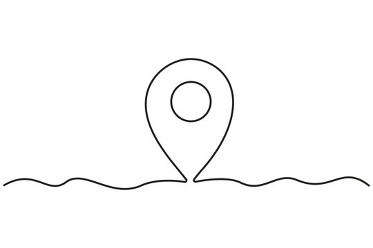 Pin line icon with editable stroke features a single continuous line drawing of a navigation map pin pointer symbol. Minimalist vector web graphic.
