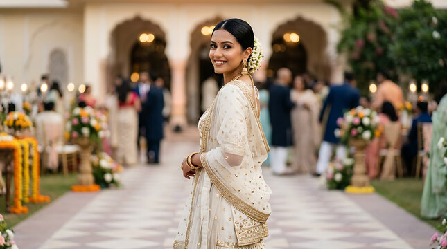 Elegant Indian bride in traditional cream saree with intricate gold embroidery celebrating a joyful wedding moment
