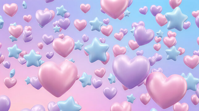 Floating pastel hearts and stars pattern in a dreamy 3d style
