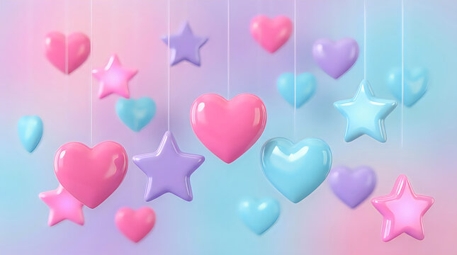 Shiny hanging hearts and stars in pastel pink purple and blue colors