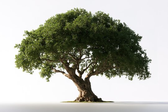 Large deciduous tree with green leaves and thick trunk on a white background, isolated.