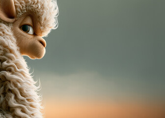 Fototapeta premium Flauschiges Cartoon-Alpaka mit wildem Haar schaut zur Seite niedlich