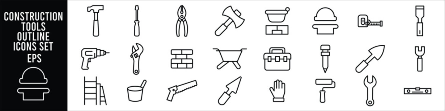 Minimal construction tools outline icon set featuring hammer screwdriver pliers axe drill wrench ladder wheelbarrow toolbox trowel saw and level icons