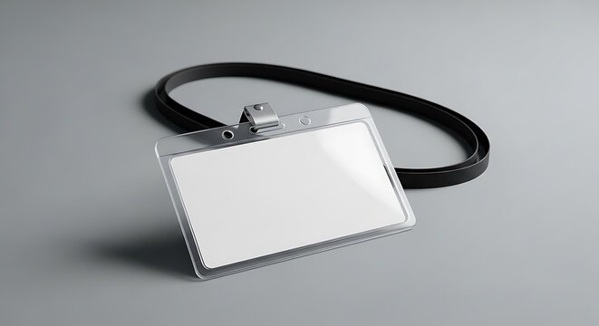 Blank id badge holder with black lanyard on grey background