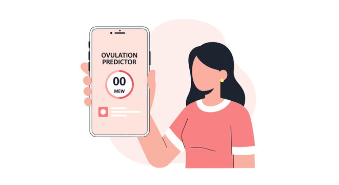 Woman Holding Smartphone with Ovulation Predictor App for Fertility Tracking and Reproductive Health Concept Illustration