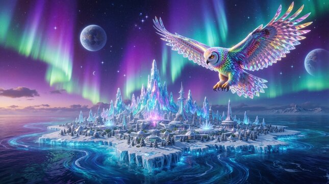 Fantasy owl flies over icy city. Aurora lights glow in sky above frozen land. Colorful bird hovers over crystal structures and moonlit ocean.