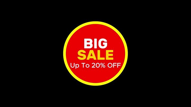 Big sale up to 20% off animated badge for e-commerce marketing and retail promotions animation 4k discount on transparent background.