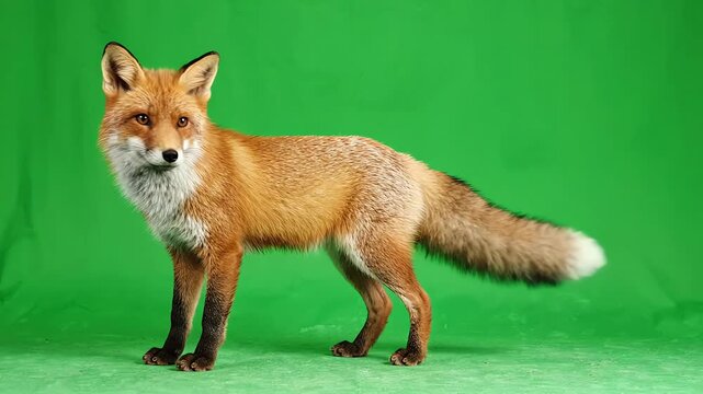 Red fox standing and wagging its fluffy tail against a solid green screen background for video compositing