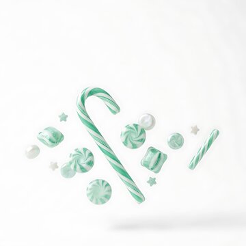 Floating mint candy canes and peppermints on white background.