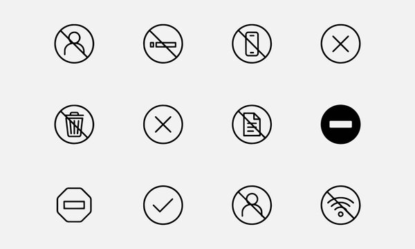 Blocked line editable icon set. Containing forbidden sign, prohibited, banned, error, refuse, close, reject