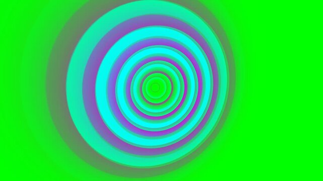 Vibrant neon green background with concentric circles in cyan and violet