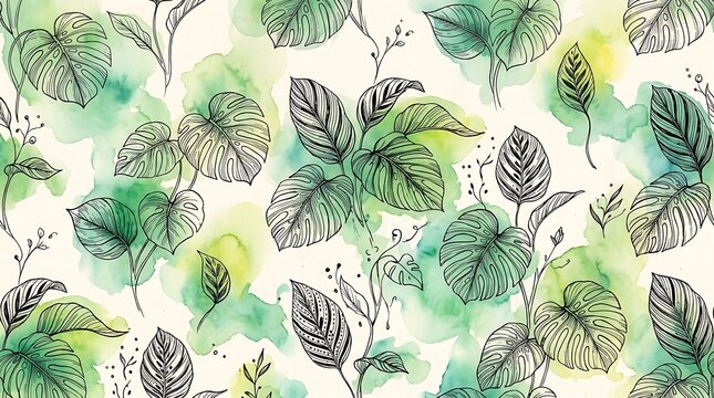 Watercolor Botanical Pattern with Green Leaves and Floral Elements