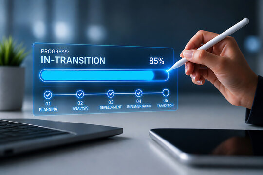 Business person using a digital stylus to interact with a holographic progress bar interface showing eighty-five percent project completion status