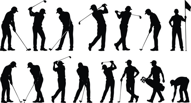 Golf Player Silhouette Set, Golf Swing Poses, Black Vector Collection