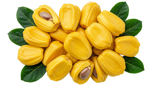 Large composition of ripe jackfruit arils with fresh green leaves on transparent backing.