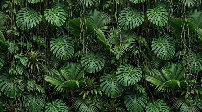 Lush Green Monstera Foliage and Tropical Jungle Plant Background