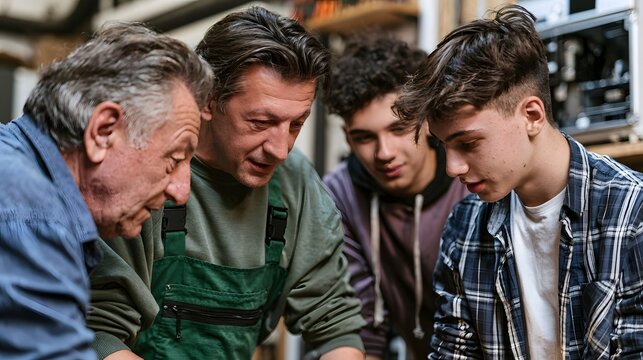 Four men of different ages gathered closely around a workbench  focused on an unseen task in what appears to be a workshop setting