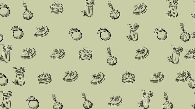 Animated seamless food and drink doodle pattern on olive background