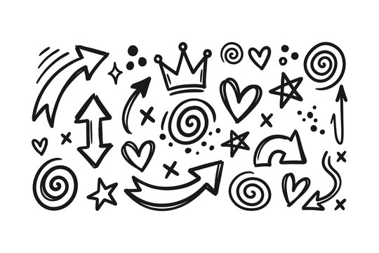 A diverse set of black hand-drawn doodle elements including arrows, hearts, stars, swirls, and a crown on a white background