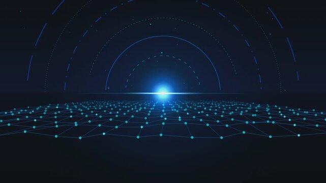 Futuristic cyber horizon mesh loop with neon grid motion for digital technology backgrounds