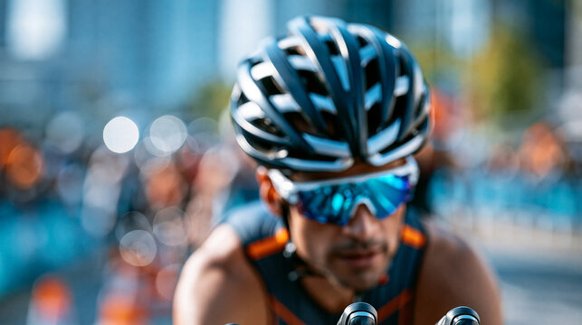 Faceless triathlete transitioning between the cycling and running stages of a triathlon race, competitive multi-sport event, defocused race course in background, triathlon