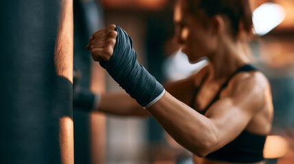 Fototapeta premium Faceless female boxer wearing hand wraps practicing punching combinations on a heavy bag in a boxing gym, intense training energy, defocused gym interior in background, female