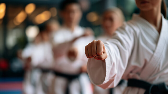 Faceless martial arts class with multiple students in a dojo performing synchronized punching drills, group training energy, defocused dojo interior in background, martial arts