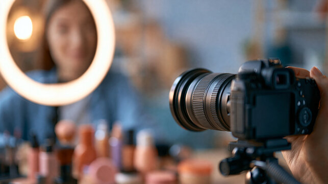 Faceless female content creator filming a makeup tutorial on a professional camera, ring light illuminating her face, colorful beauty products arranged in front, defocused home