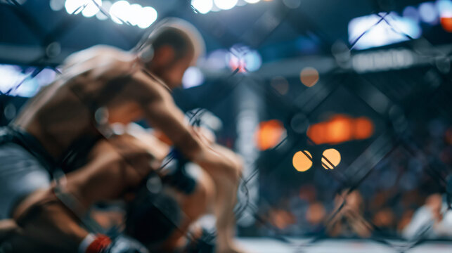 Faceless two MMA fighters in an octagon cage, one executing a takedown on the other, intense combat sport competition, defocused cage and crowd in background, MMA octagon takedown