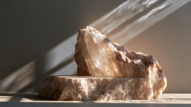 Natural quartz crystal podium with warm sunlight shadows and elegant neutral background