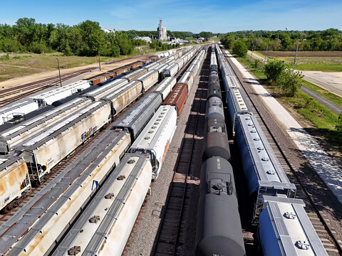 Aerial View of Rail Yard with assorted Train Cars