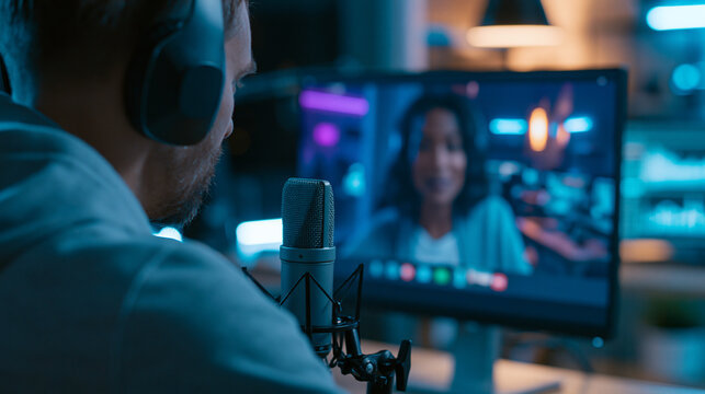Faceless podcast host interviewing a guest via video call on a monitor, remote podcast recording session visible, defocused studio setup in background, remote podcast interview
