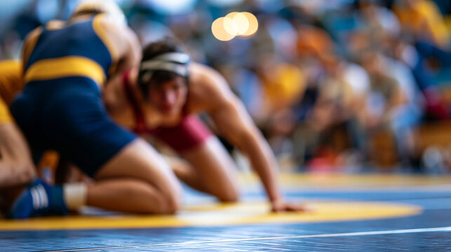 Faceless two wrestlers in singlets competing on a wrestling mat, one attempting a double leg takedown, competitive sport energy, defocused gymnasium in background, wrestling