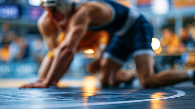 Faceless two wrestlers in singlets competing on a wrestling mat, one attempting a double leg takedown, competitive sport energy, defocused gymnasium in background, wrestling