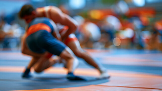 Faceless two wrestlers in singlets competing on a wrestling mat, one attempting a double leg takedown, competitive sport energy, defocused gymnasium in background, wrestling