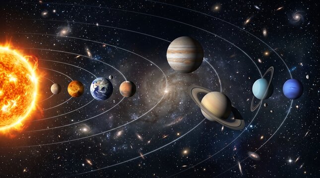 Solar system model with sun and planets in orbit, outer space galaxy background, educational astronomy illustration