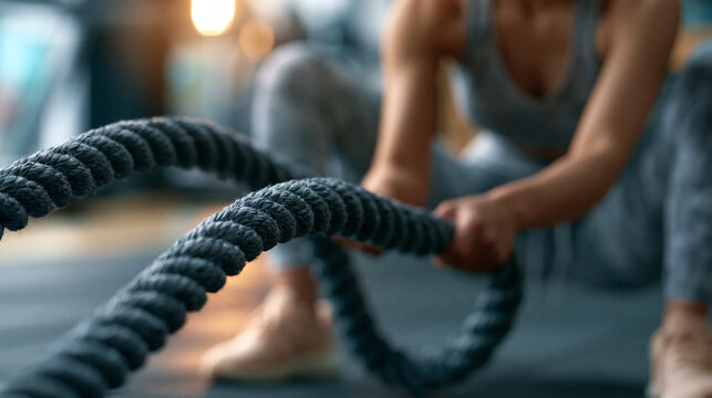 Faceless woman doing battle ropes workout in a gym, dynamic full-body conditioning exercise with powerful arm movement, defocused gym floor in background, battle ropes