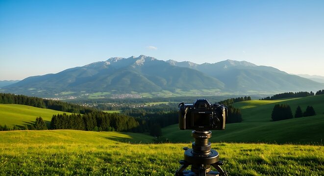 DSLR camera mounted on tripod photographing a vast scenic mountain valley landscape
