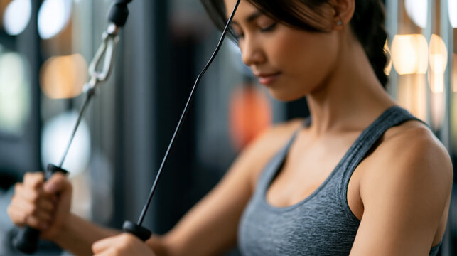 Faceless woman doing cable tricep pushdowns in a commercial gym, focused resistance training with good form, defocused gym environment in background, cable tricep workout concept