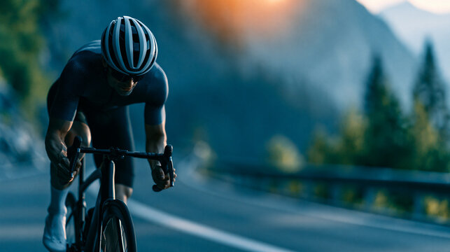 Faceless road cyclist in aerodynamic position riding through a scenic mountain route, speed and endurance sport visible, defocused mountain road in background, road cyclist