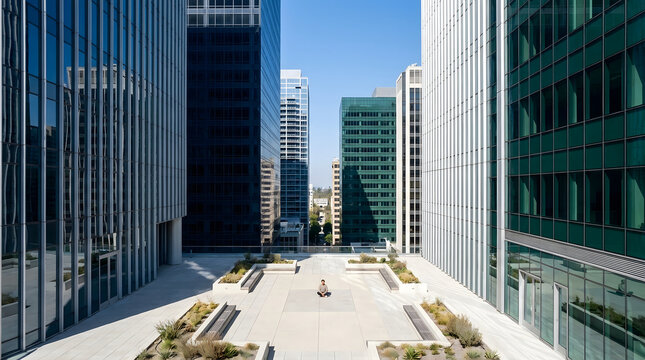 Persona meditando en la terraza de un edificio corporativo rodeada de rascacielos modernos