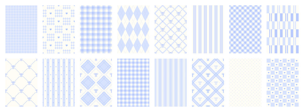Set of blue coquette seamless pattern with bow and heart. Striped, plaid and diamond repeating print for wrapping paper, fabric and textile. Gingham or vichy. Flirtatious patterns. Vector illustration