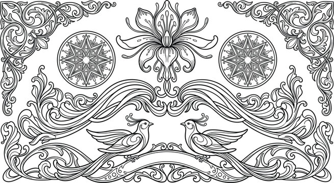 Luxury baroque ornamental elements pack with elegant filigree corners swirling floral scrolls mystical birds and mandala stars