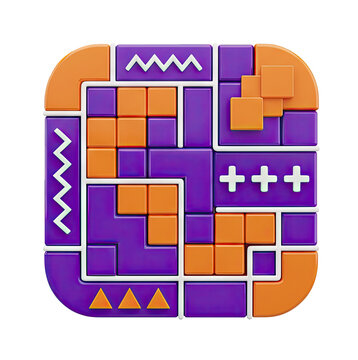 Abstract geometric puzzle with purple and orange shapes