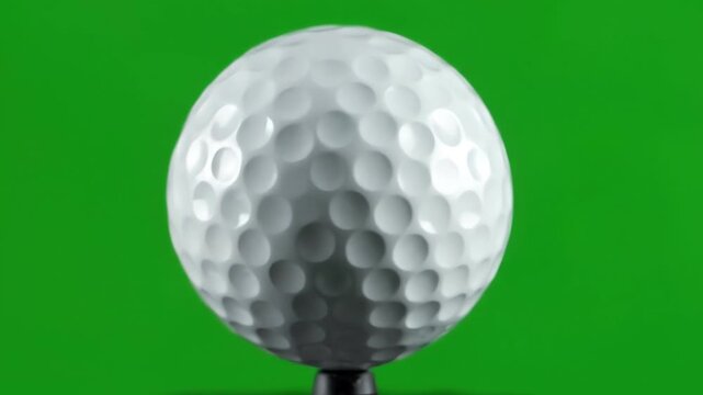Slow motion rotation of a white dimpled golf ball spinning rapidly against a solid green screen background for chroma key compositing