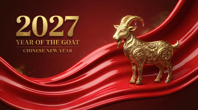 2027 chinese new year greeting card featuring a golden goat statue on a red wavy background
