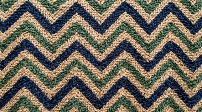 Closeup of a woven jute rug with a chevron pattern in navy blue, forest green, and natural tan colors