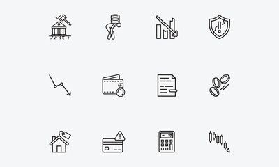 Fototapeta premium Financial crisis icon set. Containing bankruptcy, debt, financial , downturn, crisis, decrease