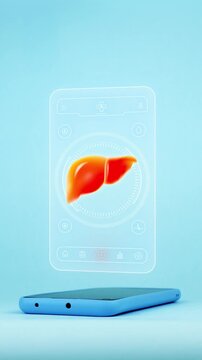 Doctor using mobile app interface on smartphone for liver diagnosis showing anatomical liver, innovative technology for early detection of fatty liver, cirrhosis and hepatitis. Light blue background.