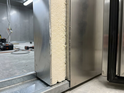 Insulated metal panel cross section | Cold storage room wall construction | Polyurethane foam insulation for walk-in freezer | Industrial refrigeration door frame detail